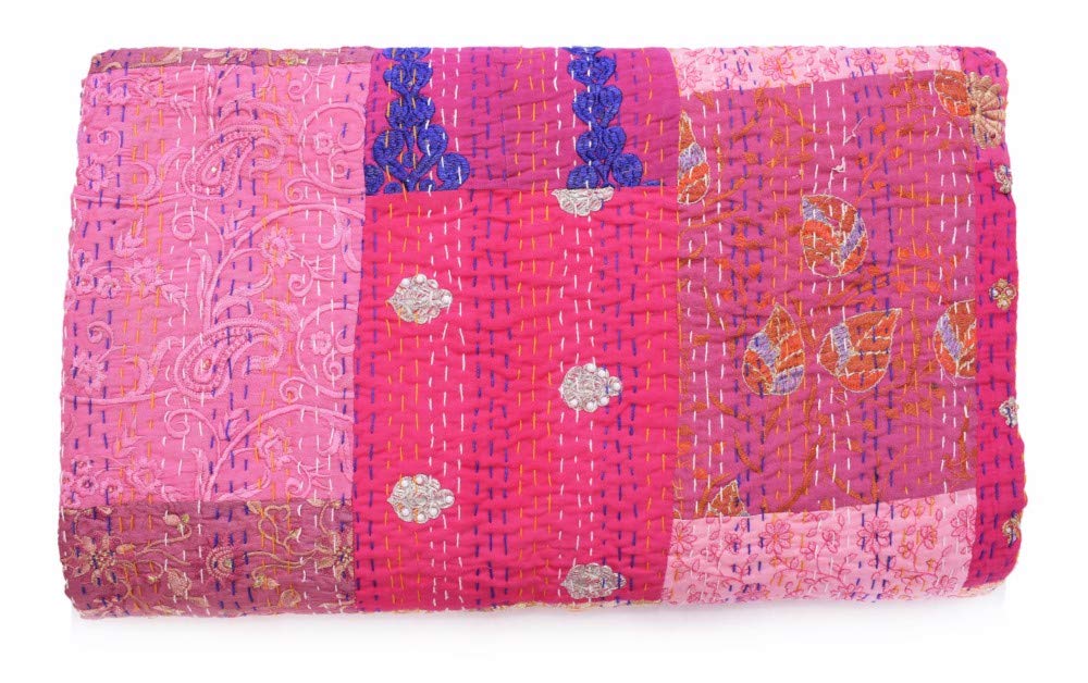 Sophia-Art - Quilt/Throw, Pink, Silk, Handmade Vintage Khambadiya, Print, Patchwork, Kantha, 90x108 in