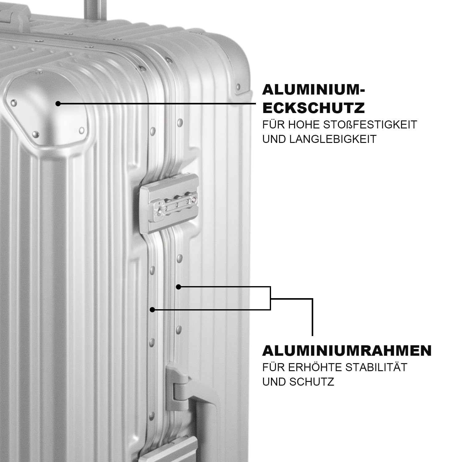 FusionShell Hartschalen-Kofferset 3-teilig, Silber | Aluminiumrahmen, 57 68 77 cm (43L 65L 110L), Rahmenverstärkt, TSA-Zahlenschloss, gummierte 360-Grad-Doppelrollen