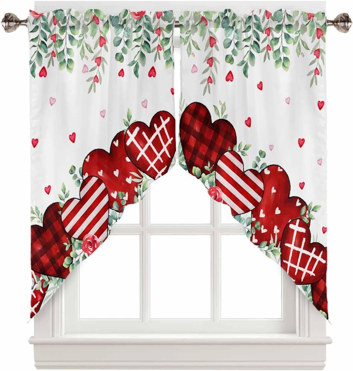 Swag Curtains Valentine's Day Swag Valances for Windows, Kitchen Curtains Set Plaid Love Spring Leaves Rod Pocket Window Valances Kitchen Window Curtains Over Sink, 2 Panel 28x36inch