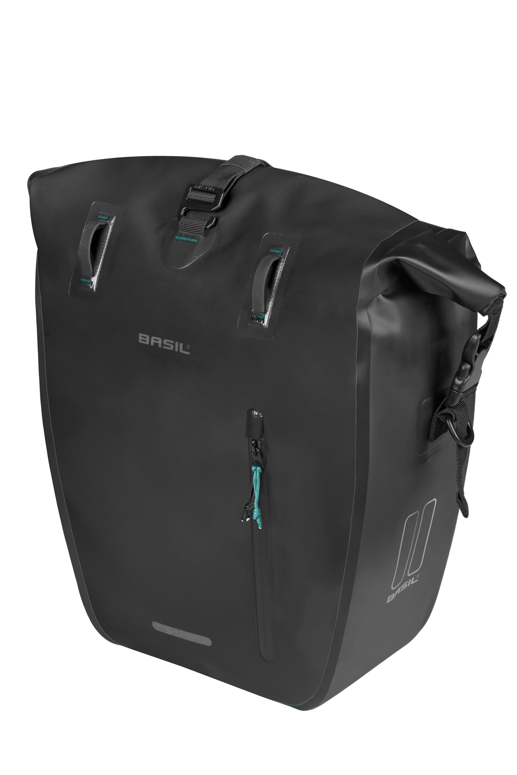 Basil Rivo Single Bicycle Pannier Rack - Waterproof 25-31L - Reflective - Made of Tarpaulin - with MIK Hooks - 28 x 14 x 43 cm - Black
