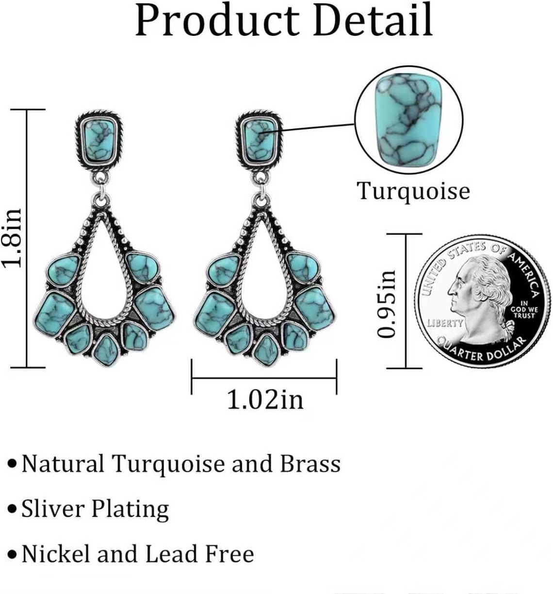 Silver and Turquoise Large Big Dangle Stone Blue Earrings Western Bohemian Vintage Earrings for Women Dangling - Image 3