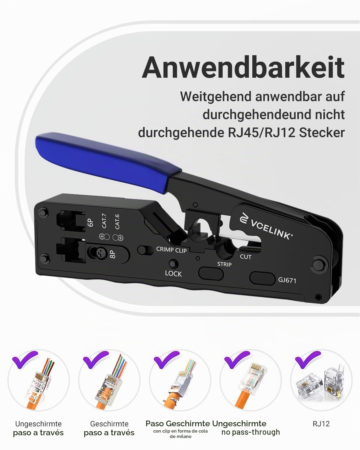 VCELINK Crimpadora RJ45, Kit de Herramienta de Red, para 10pcs Conectores RJ45 con Cat6/Cat6A /Cat7 Pass Through, Herramientas de Reparación