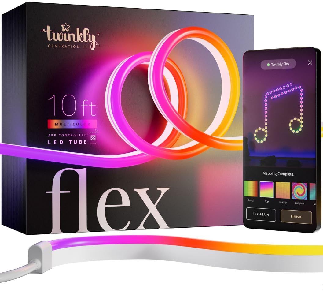 Twinkly Flex 7ft, LED Tube Multi Color, RGB LED Strip Flexible, Compatible with Alexa and Google Home, Gaming Lights, 16 M+ Colors, USB C Powered, App Mapping, White Wire