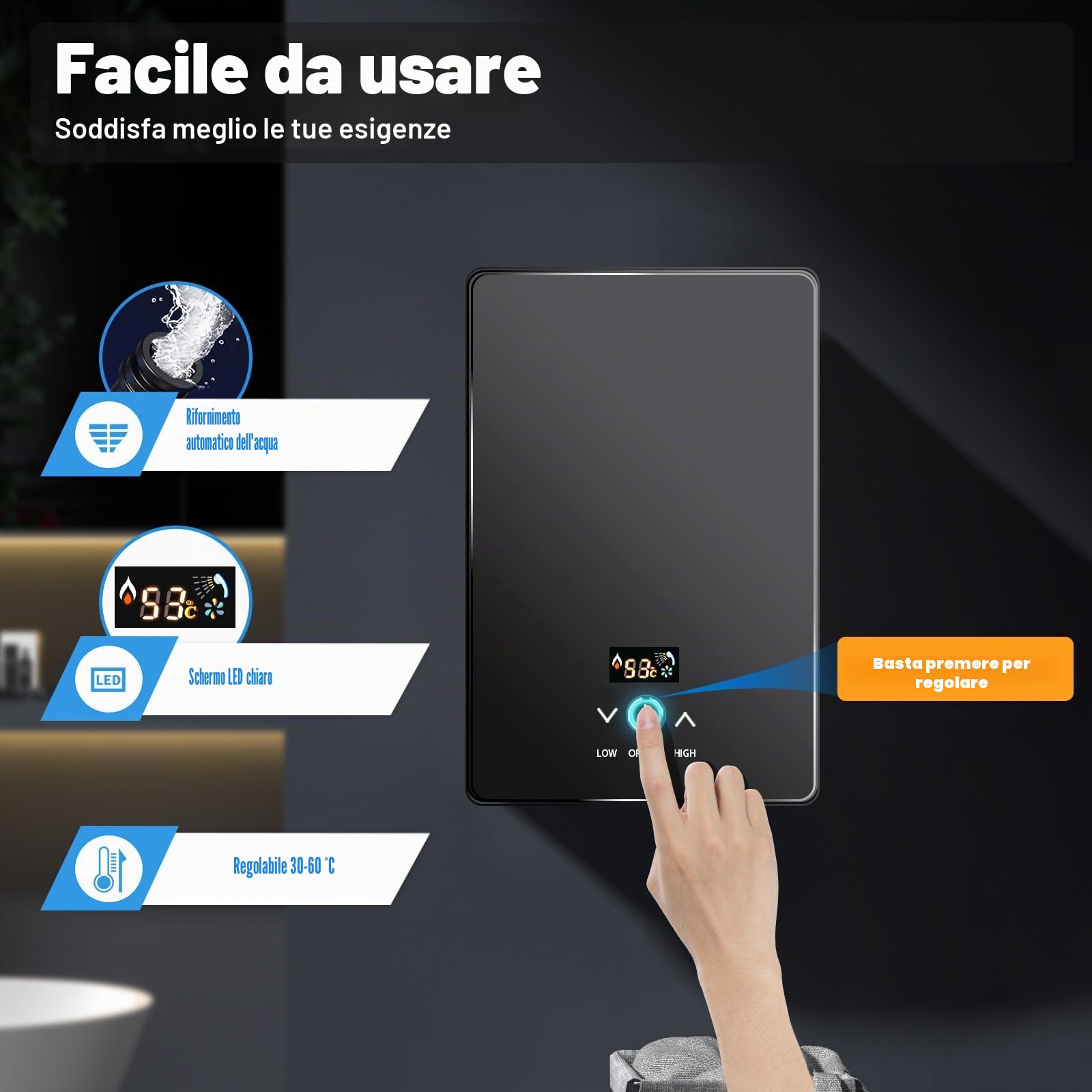 Scaldabagno elettrico digitale acqua calda senza serbatoio Kit doccia 30-55°C, 6500W, display LED, funzionamento touch, protezione interruzioni corrente