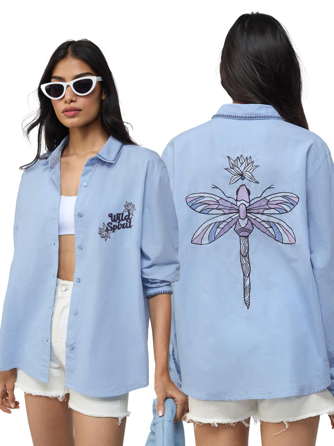 the souled store Cotton Linen: Wild Spirit Women and Girls Long Sleeves Collared Neck Button Front Blue Embroidered Lightweight Summer-Ready Cotton Linen Shirt for Casual Streetwear-picture-33
