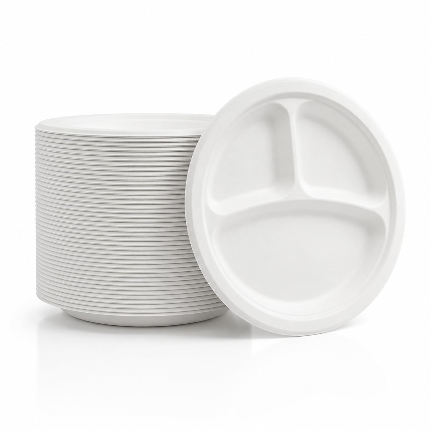 Bonkaso 3 Compartment Bagasse Round Meal Tray 9 Inch Pack of 50 | Disposable Sugarcane Plates | Eco-Friendly, Compostable & Plastic-Free | Heavy Duty, Microwave Safe Party, Catering & Meal Plates