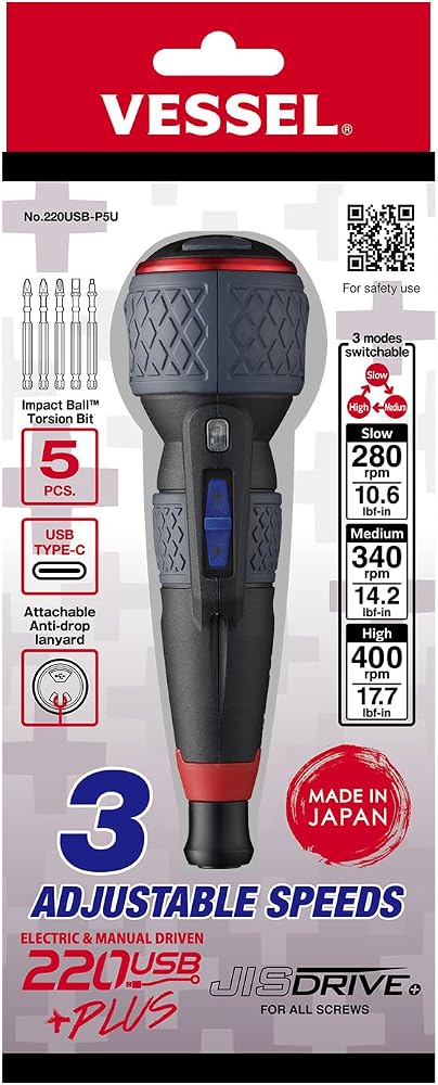 (US Model) VESSEL e-ASSIST Screwdriver 3 SPEEDS with 5PC. Bit Set