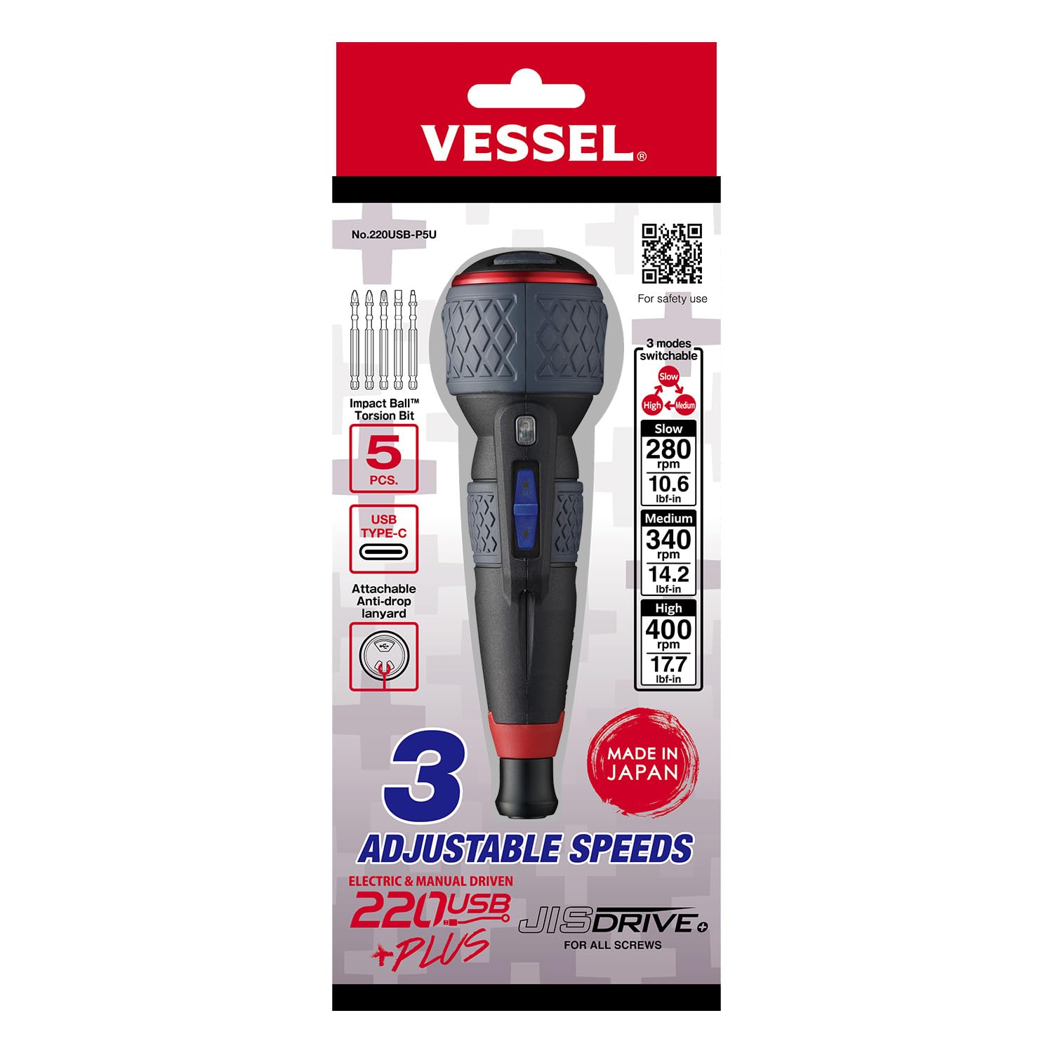VESSEL e-ASSIST Electric Screwdriver: 3-Speed High-Torque (17.7 lbf-in) with 5PC Bits, USB-C, Manual Mode - Made in Japan