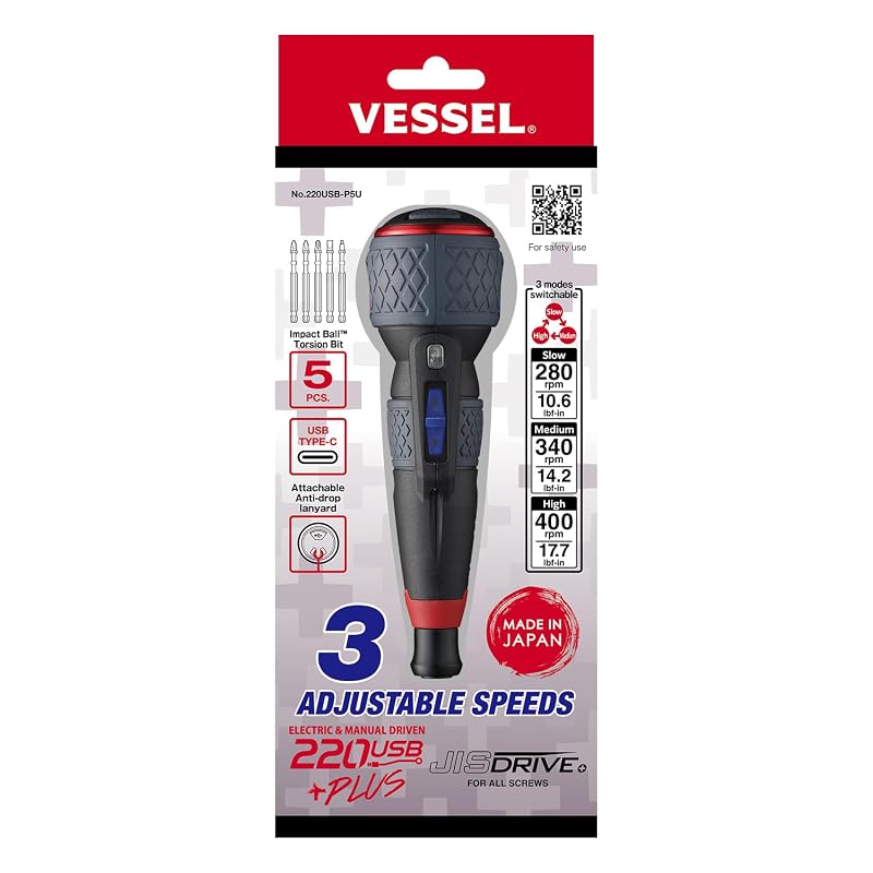 Chave de fenda elétrica VESSEL e-ASSIST com 3 velocidades, USB-C e kit com 5 bits 220USBP5U