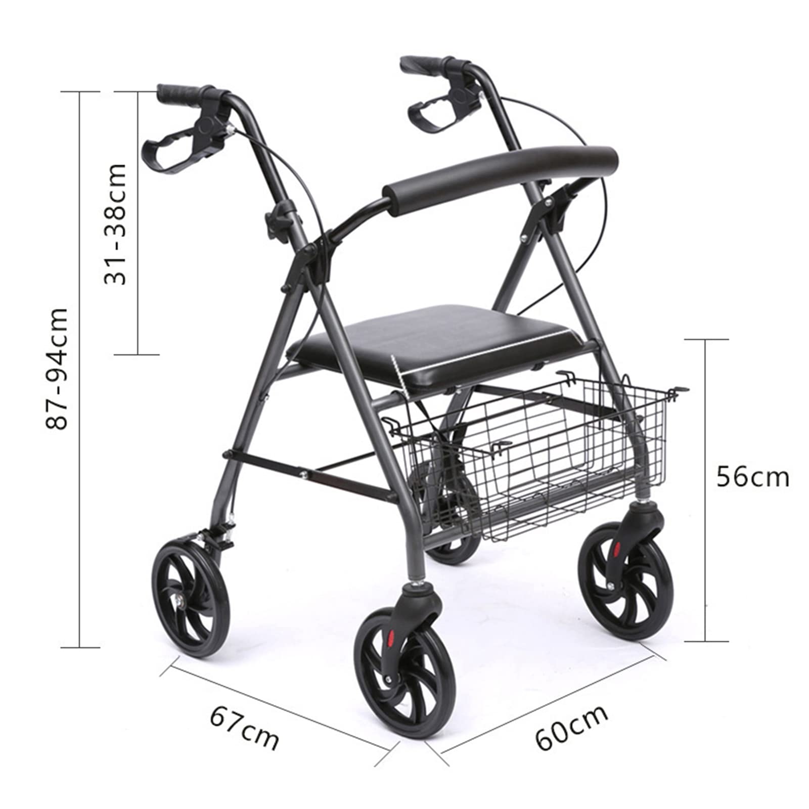 Andadores para personas mayores de 4 ruedas con asiento y cesta plegable, andador con ruedas para ancianos, plegable, ayuda a personas mayores y personas con discapacidad, estrella negra de luz
