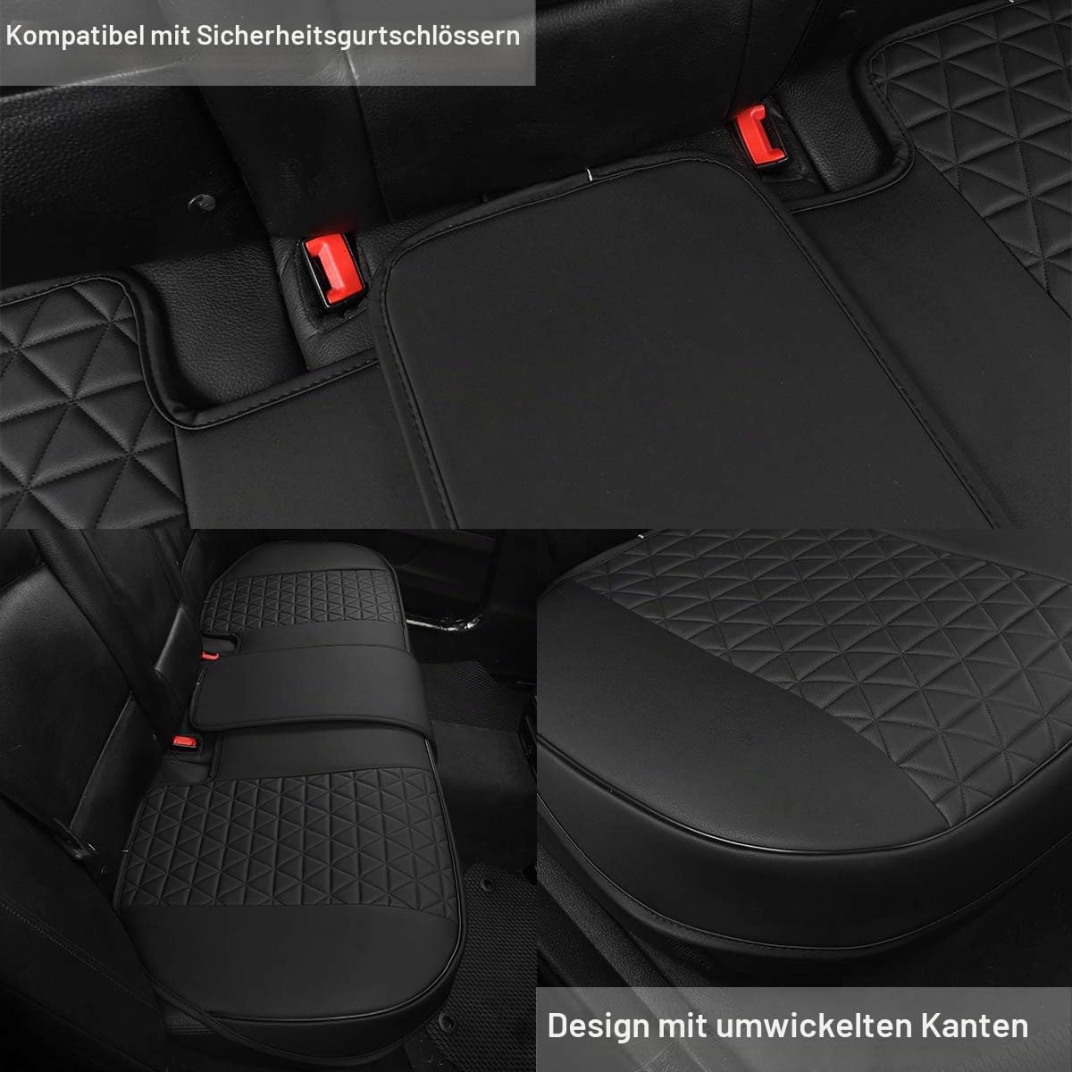 Black Panther PU-Leder Sitzauflage Auto Rückbank, passend für 90% Aller 4-türigen Autos, dreieckig gesteppt – Schwarz