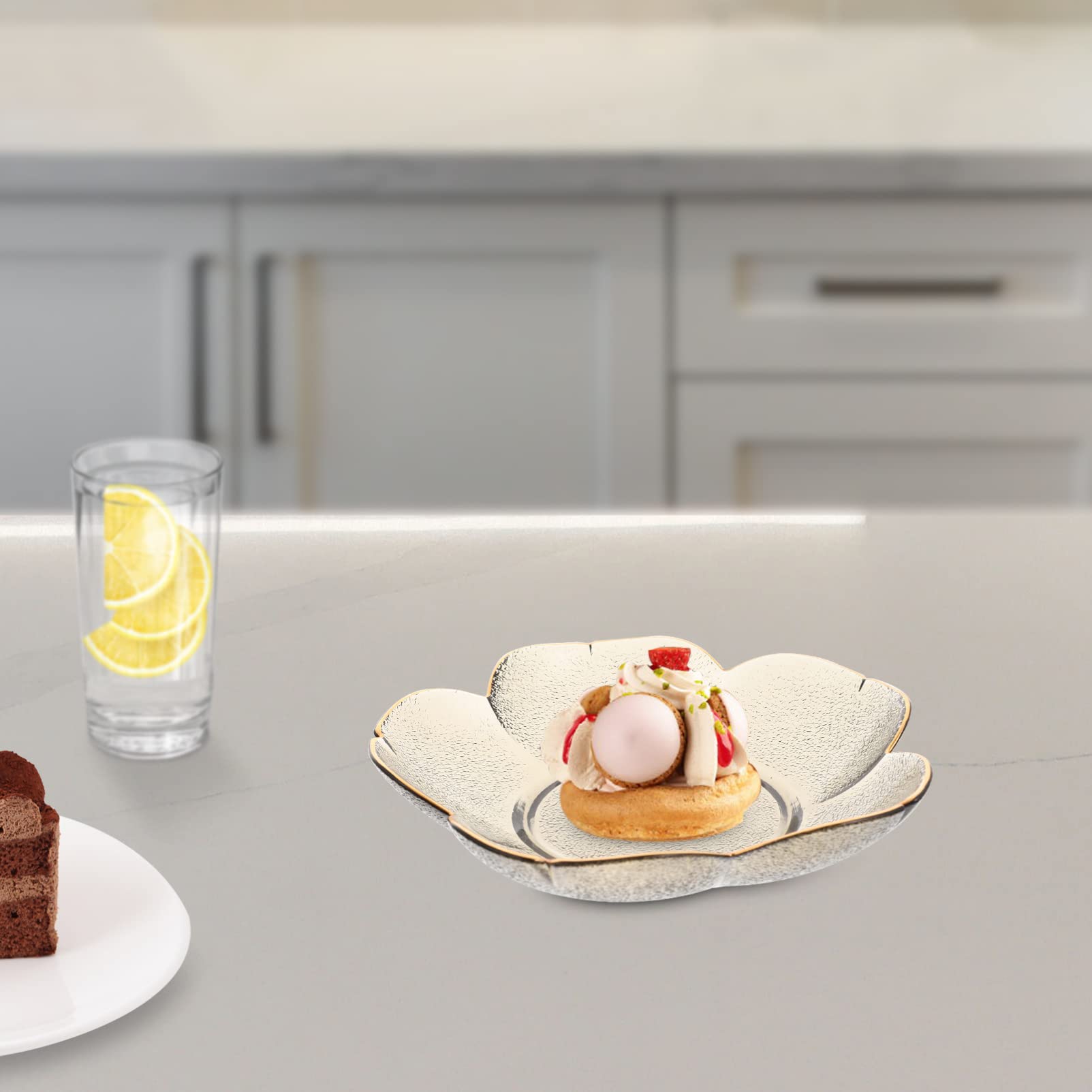 Platos de fruta de cristal, cuencos de postre de cristal transparente, plato para tartas transparente, cuenco con forma de flor para dulces y aperitivos, para el hogar, restaurante, color gris