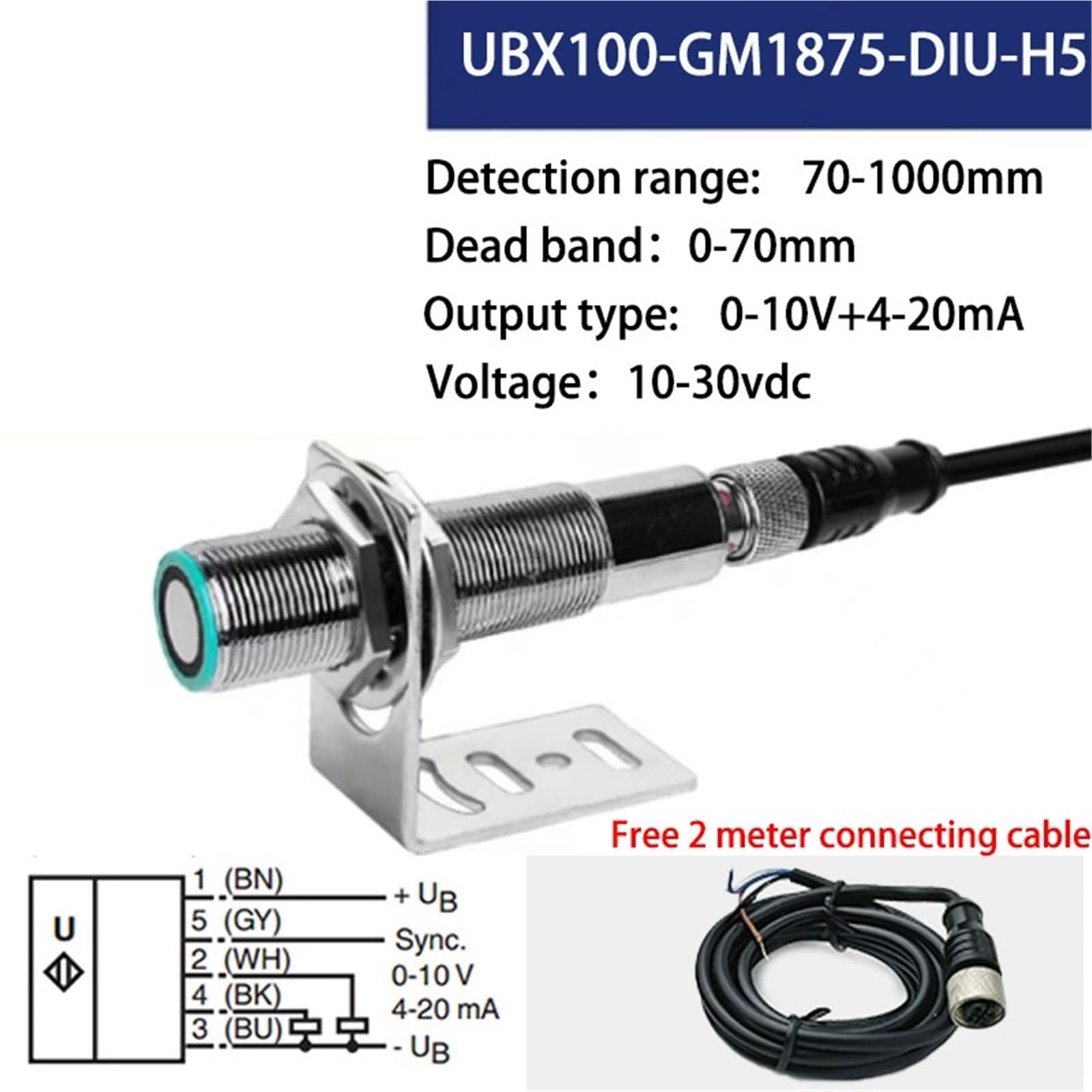 Sensor de proximidad ultrasónico M18, Sn: 1000 mm, NPN, PNP, analógico, 4-20 mA/0-10 V, sensor de distancia ultrasónico(WHITE)