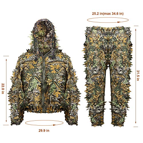 Ghillie Suit 3D Leafy Hooded Camouflage Clothing Outdoor Woodland Hunting Suit Sniper Costume Camo Outfit for Jungle Hunting, Military Game, Wildlife Photography, Paintball (Height 5.-6-5.9 ft) - Thumbnail 2