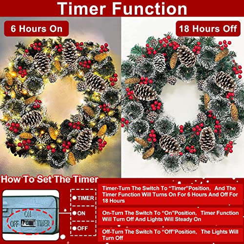 Turnmeon 30 Inch Super Large Snowy Christmas Wreath With 80 Lights Christmas Decoration Battery Operated Timer Pre-Lit Spruce Wreath Lights 311 Tips Jumbo 28 Pine Cones 110 Red Berries #TOP3