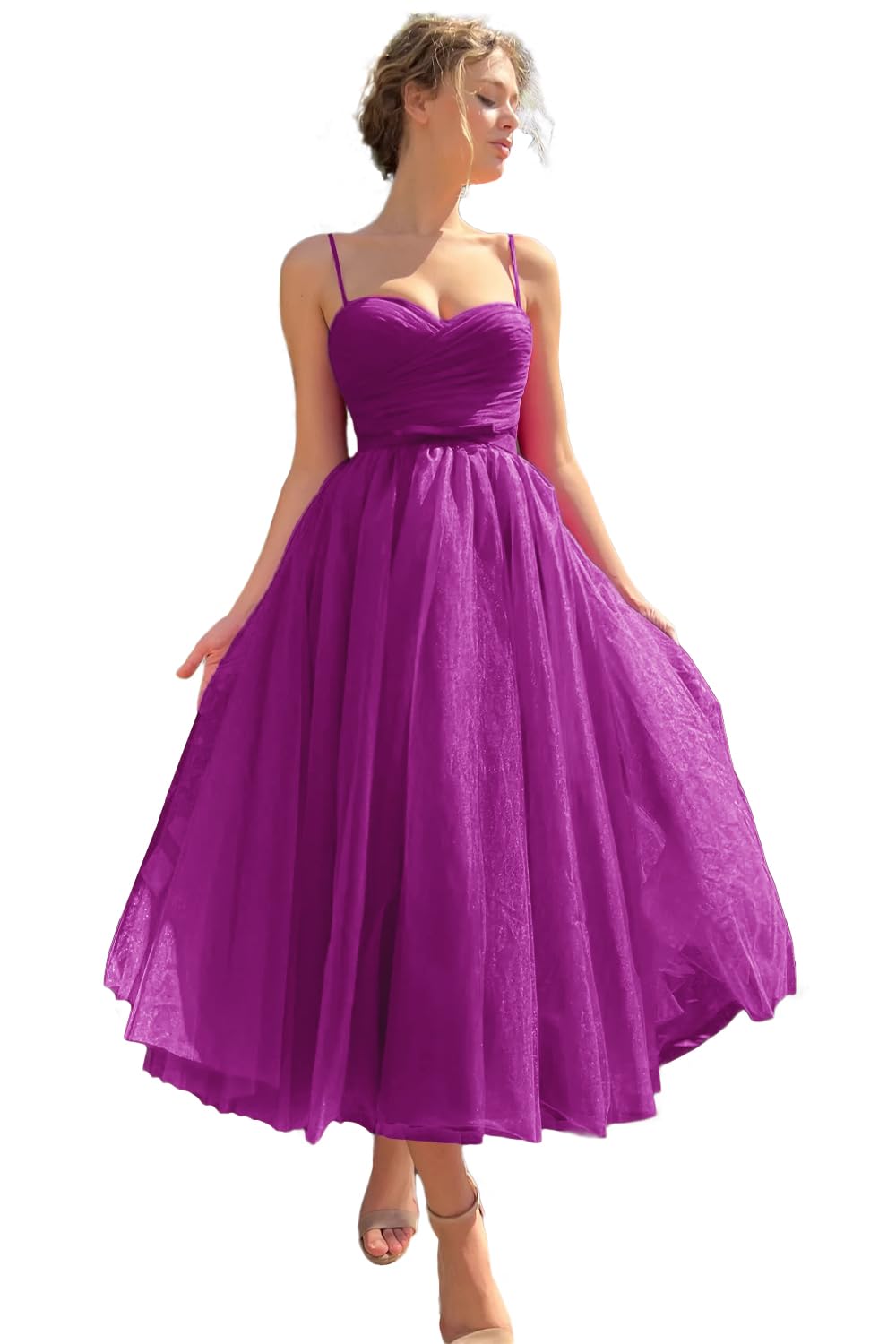 Sevintage Spaghetti Straps Tulle Prom Dress Tea Length Formal Party Evening Dress with Pockets
