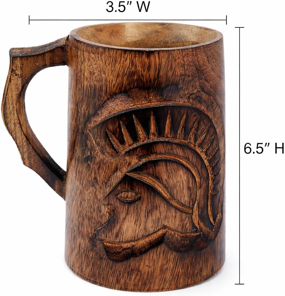 Handcrafted Wooden Beer Mug with Spartan Warrior Helmet Design Rustic Mango Wood Viking Tankard Eco-Friendly Stein Greek Roman Gift for Men, Groomsmen, Bar Decor