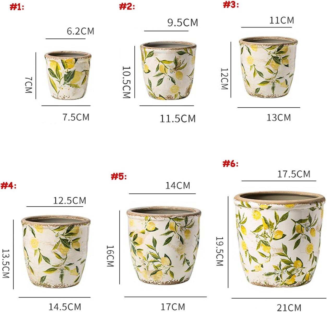 Planter Pots Spring Lemons Pattern Planter Succulent Pots 4" D - 7.3" D Large Planter Pots for Indoor Plants, Decorative Garden Pots Lovely Ceramic Pots (No Drainage Holes) Garden Decor