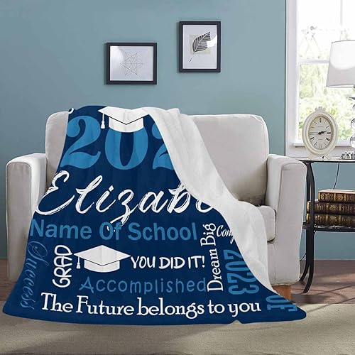 Miniatura 3 de Decoraciones de graduación 2023, manta de regalo para ella, él, felicitaciones 2023, azul oscuro, manta de graduado con nombre personalizado,