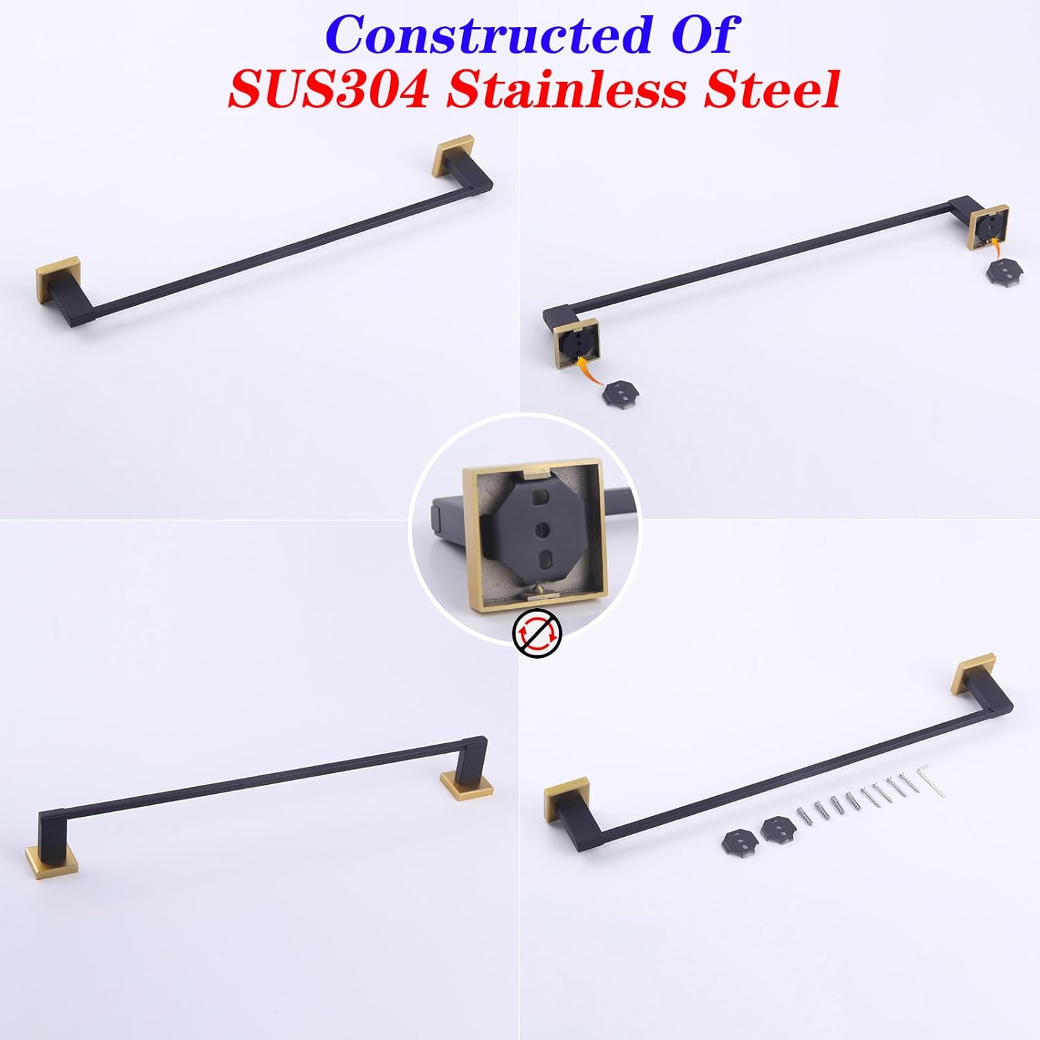 GERZWY 24-Inch Bathroom Towel Bar SUS 304 Stainless Steel Modern Round Style Bath Towel Bar Wall Mount (Black & Gold) JG1901A60-BD