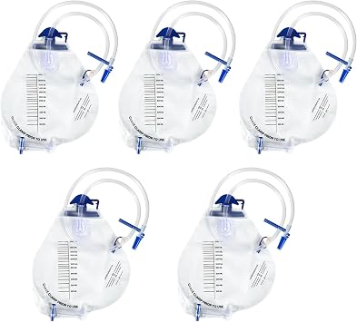 5Pack 2000mL Urinary Drainage Bag for Men and Women, Catheter Bags with Anti-Reflux Chamber, Disposable Urine Bags with 43" Thickened Drainage Tube, Clips and Hanging Hook