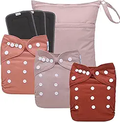 babygoal Fraldas de pano de carvão reutilizáveis com reforços duplos, pacote com 3 fraldas laváveis para bebês com 3 peças de inserções de carvão e bolsa seca úmida (vermelho, marrom, rosa de pêssego)