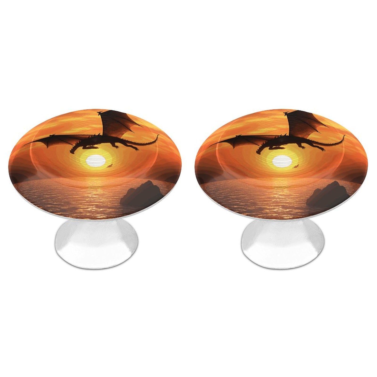 Fodpand White 2 Pack Cabinet Knobs 1.1 Inch Single Hole Drawer Pulls Handles Decorative Sea Sunset Flying Dragon Furniture Knobs For Dresser Kitchen Bathroom Cupboard Wardrobe Vanity Closet Door Hardware