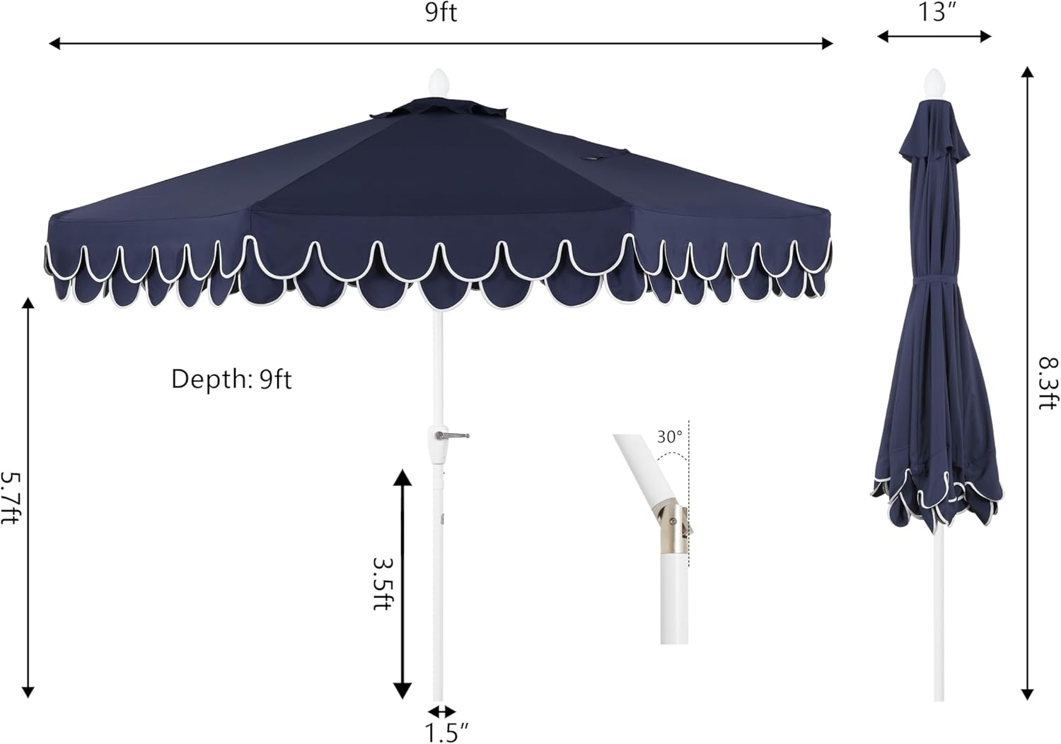 JONATHAN Y UMB1002G Tracy 9 ft. Classic MidCentury Scalloped Fringe Market Patio Umbrella with Auto-Tilt Crank, Wind Vent and UV Protection in Navy/White, White Pole - Image 4