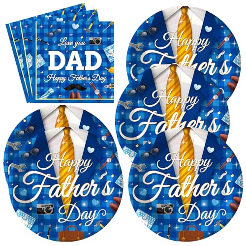 PUEVENYI 50PCS Happy Fathers Day Paper Plates and Napkins - Love You Dad Dessert Plates and Napkins Disposable Best Dad Theme Tableware Set for Fathers Day Birthday Party Supplies Decorations