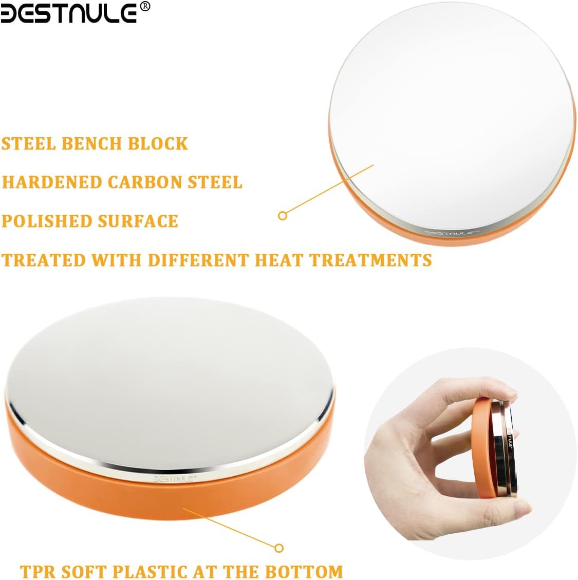 BESTNULE Professional Steel Bench Block, Covered with TPR Soft Plastic at The Bottom, Metal Stamping Table Mirror, Polishing with Chrome Plating for Jewelry Stamping (Dia: 3”, H: 19/32”) (Orange) - Image 3