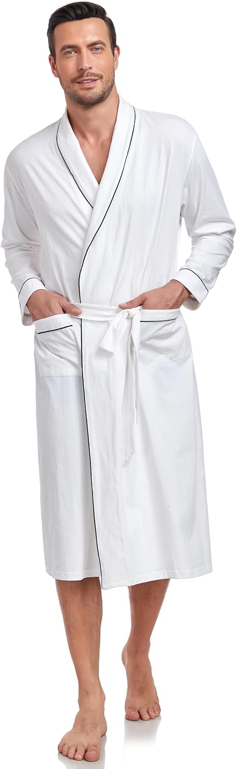 CF Men's 100% Cotton Robe Lightweight Bathrobe Long Sleeve Knit Kimono Sleepwear Soft Knee Length Shower Robe with Pockets