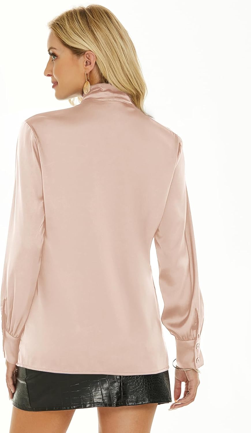 Escalier Women's Silk Blouse Long Sleeve Bow Tie Neck Button Down Shirts Casual Office Work Blouse Tops - Image 5