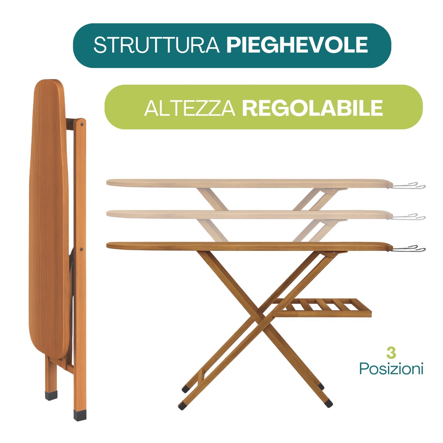 Paluplus Asse da Stiro Pieghevole in Legno di Faggio, Misura 140x35x92 cm, Altezza regolabile 3 Posizioni e Poggiaferro, Tavola da Stiro con Copriasse in Omaggio, Made in Italy -2574F-6,3 (Noce)