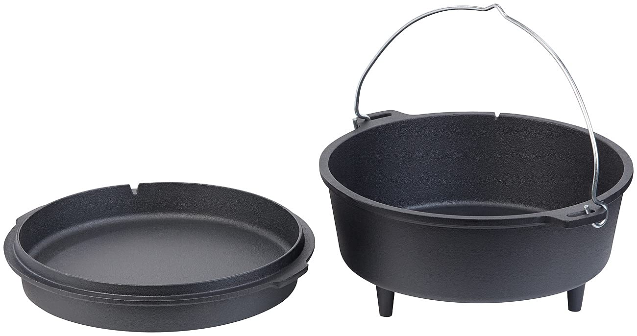 Rosenstein & Söhne Feuertopf: Dutch Oven aus Gusseisen mit Standfüßen, 2in1-Deckel & -Pfanne, 6 l (Gusseisen Kochtöpfe, Dutch Oven mit Füßen, Wok)