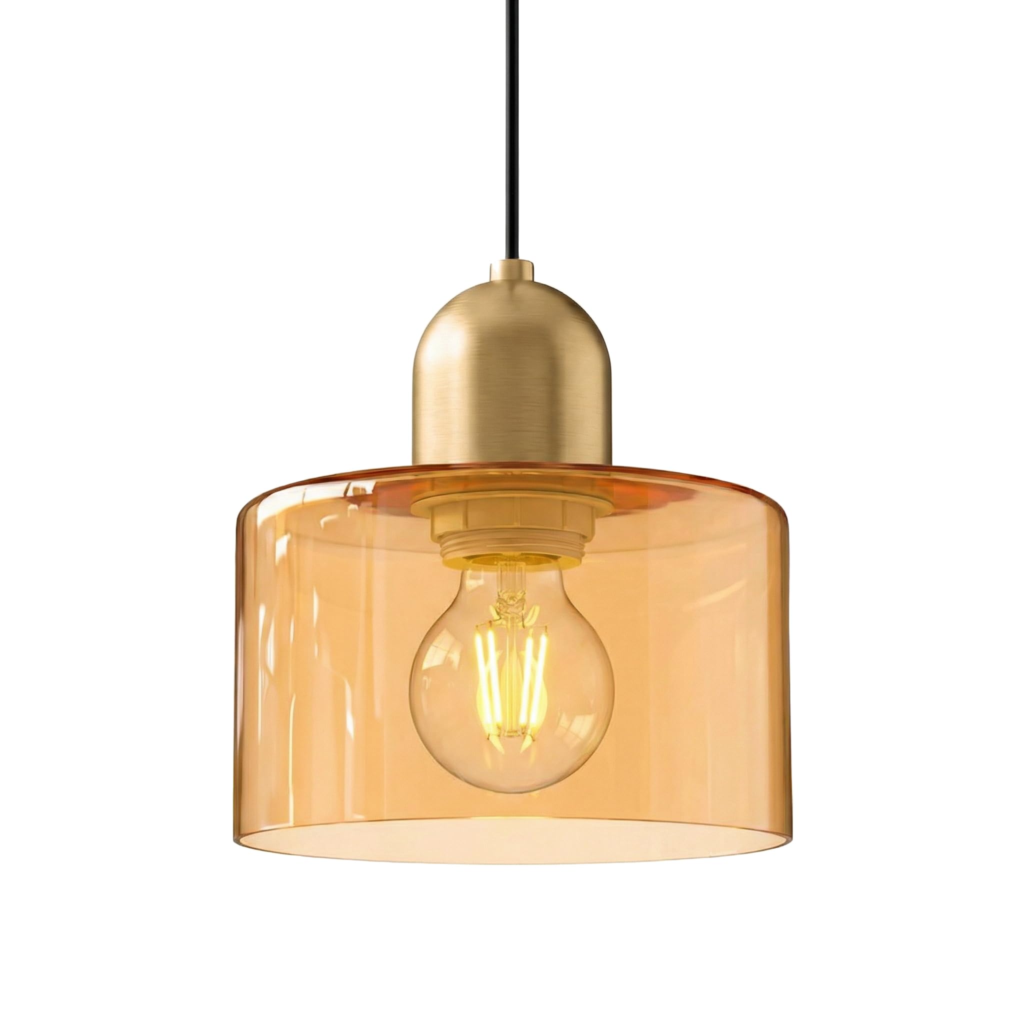 LFsem 20cm Round Glass Pendant Light for Dining Room & Bedroom, Gold Metal E27 Pendant Ceiling Light Fixture for Kitchen Island & Living Room, Modern Retro Style (Orange)