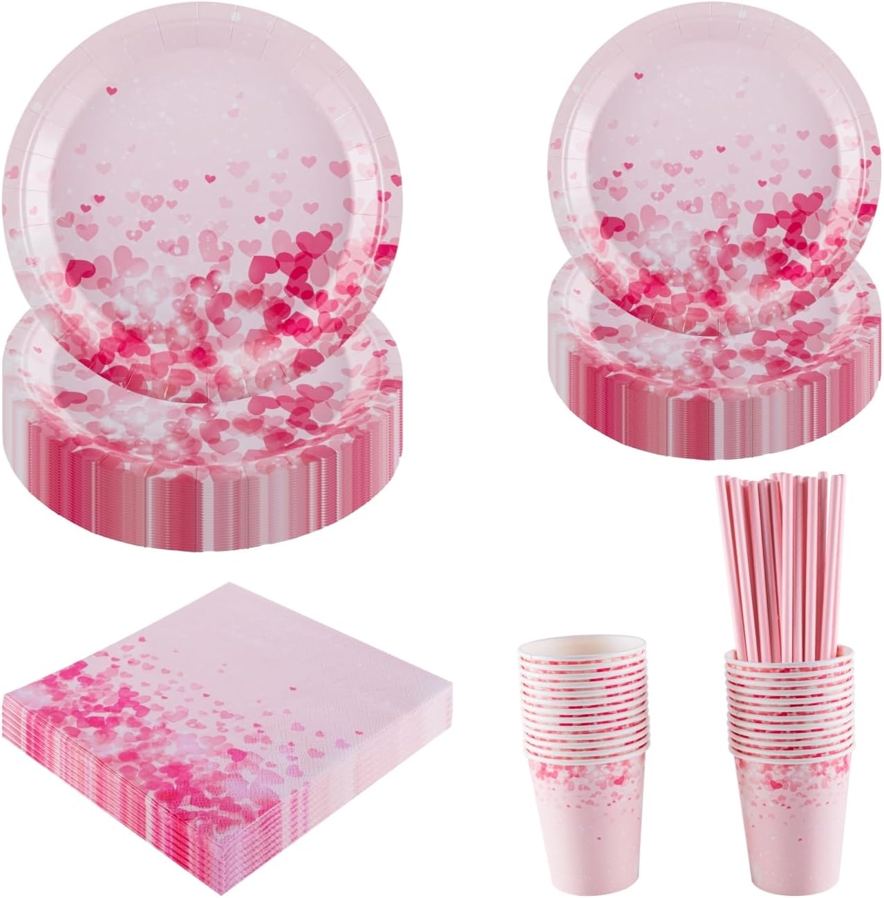 Pink Heart-Themed Party Tableware Set for 25 Guests - with 9'' & 7'' Paper Plates, Cups, Napkins & Straws - for Valentine's Day, Mother's Day, Birthday, Wedding, Baby Shower