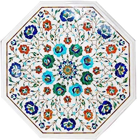 HARIOM HANDICRAFT EXPORT Octagon Designer White Marble Coffee Table Top, lapis Lazuli Jasper Floral Marquetry Inlay Art Kitchen Furniture Decor