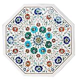 HARIOM HANDICRAFT EXPORT Octagon Designer White Marble Coffee Table Top, lapis Lazuli Jasper Floral