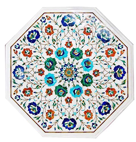 Hariom Handicraft Export Octagon Designer White Marble Coffee Table Top, Lapis Lazuli Jasper Floral Marquetry Inlay Art Kitchen Furniture Decor #TOP25