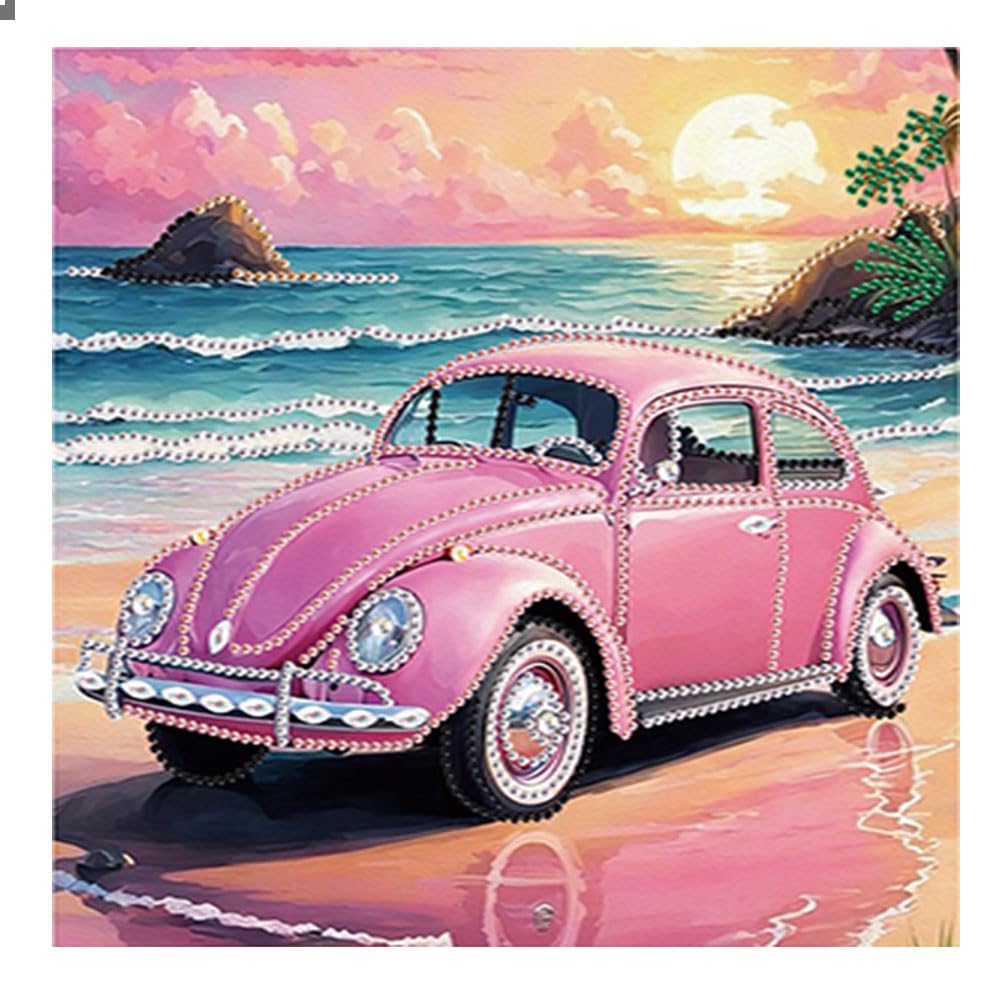 DCIDBEI 5D Special Shape Diamond Painting Rhinestone Special Pink Car 30 x 30 cm Diamond Painting by Numbers Landscape on Beach and Sea Crystal Rhinestone Embroidery Cross Stitch Arts Craft Car