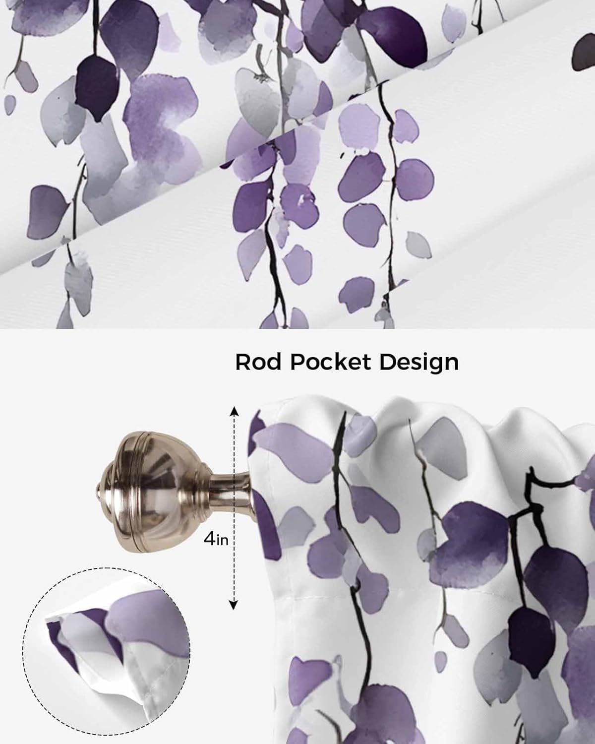 Tie Up Curtains for Windows Watercolor Purple Eucalyptus Leaves Rod Pocket Tie-Up Window Shade Adjustable Balloon Curtain Valance Country Plant for Bedroom Kitchen Bathroom Blinds,52x63in