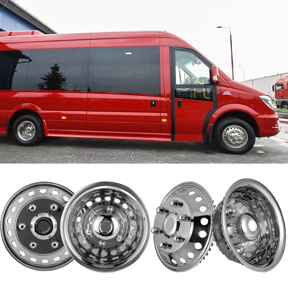 Puermto 16 Wheel Simulator fit for 2012-2021 Dodge, Mercedes and Freightliner Sprinter Van, 4pcs Waterproof Protective Snap on Hubcaps 6 Lug 18 Hand Hole Polished Stainless Steel Dually Covers 6K06R