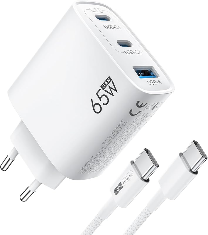 Chargeur USB C 65W 3-Ports, Charge Rapide PD3.0 PPS, GaN III avec Câble Tressé 1.8M, pour iPhone 17/
