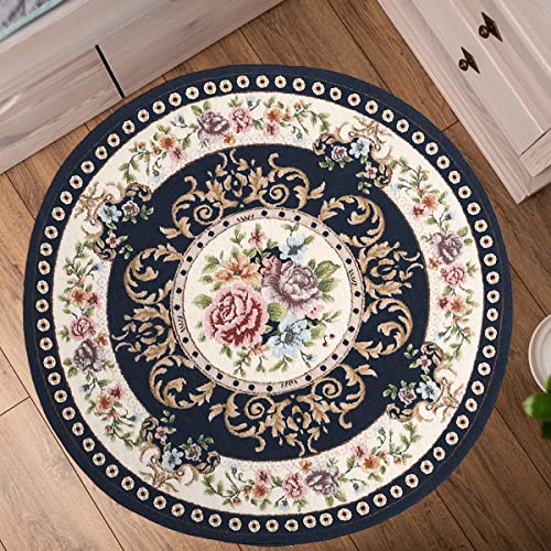 Tyrafry 3Ft Floral Round Area Rug Classic Non-Slip Machine Washable Room Mat Durable Kitchen Rug Traditional Area Rug For Living Room, Dark Blue #TOP1