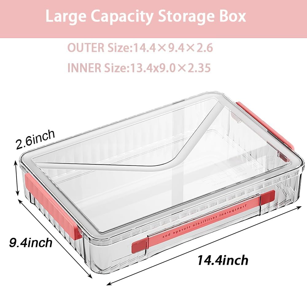 2 Pack Clear Plastic File Storage Boxes with Latching Lids, Transparent Certificate Organizer, Portable Project Case for Drawers, Clear Stackable File Box for A4 Files (‎Red Latches, Large)