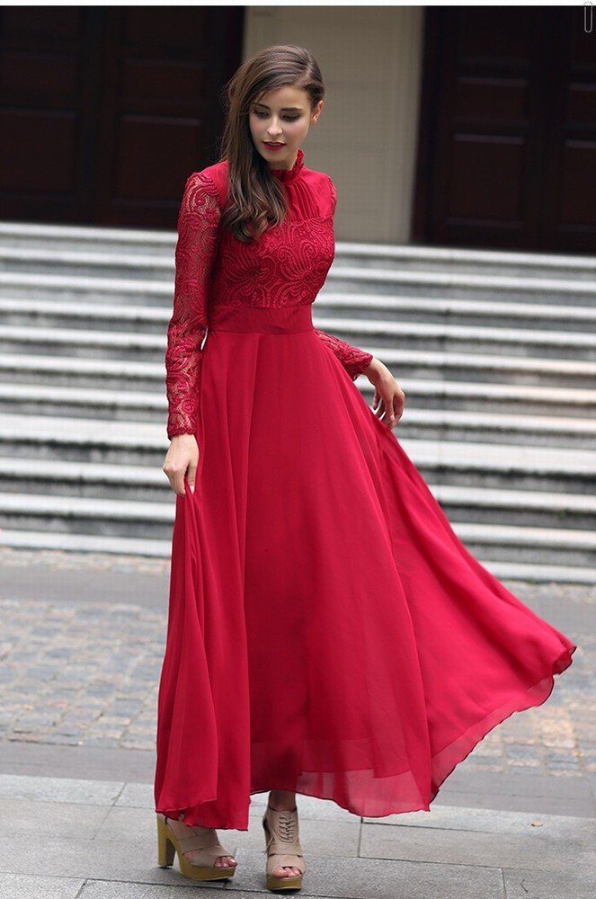 ZULQ Primavera Y Verano Vestido Vestido de Manga Larga de Gasa de Encaje Rizado Rojizo