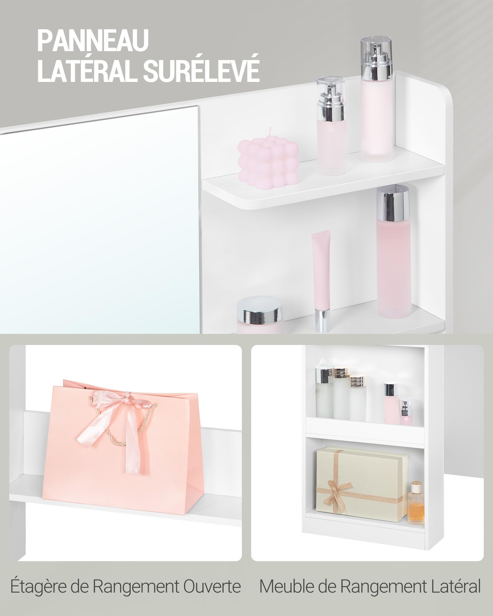 Hzuaneri Coiffeuse avec HD Miroir,Coiffeuse avec éclairage LED, 6 Compartiments Ouverts, 5 Tiroirs et Rangements Latéraux. Moderne, Blanc DT44003XEU
