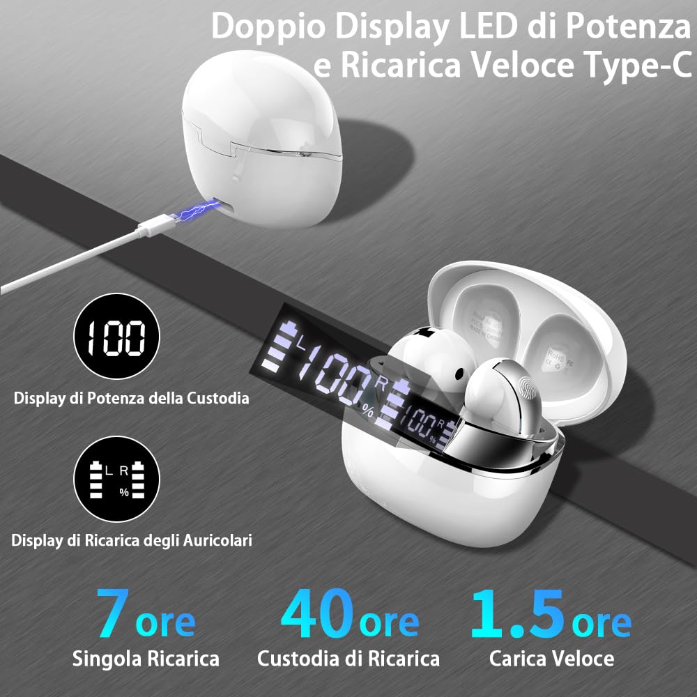 Doubc Cuffie Bluetooth 5.3, Auricolari Wireless con Audio Stereo HiFi, Cuffiette Senza Fili con 47 Ore di Autonomia, Display LED, ENC Riduzione Rumore, USB-C, Controllo Touch per Chiamate e Musica