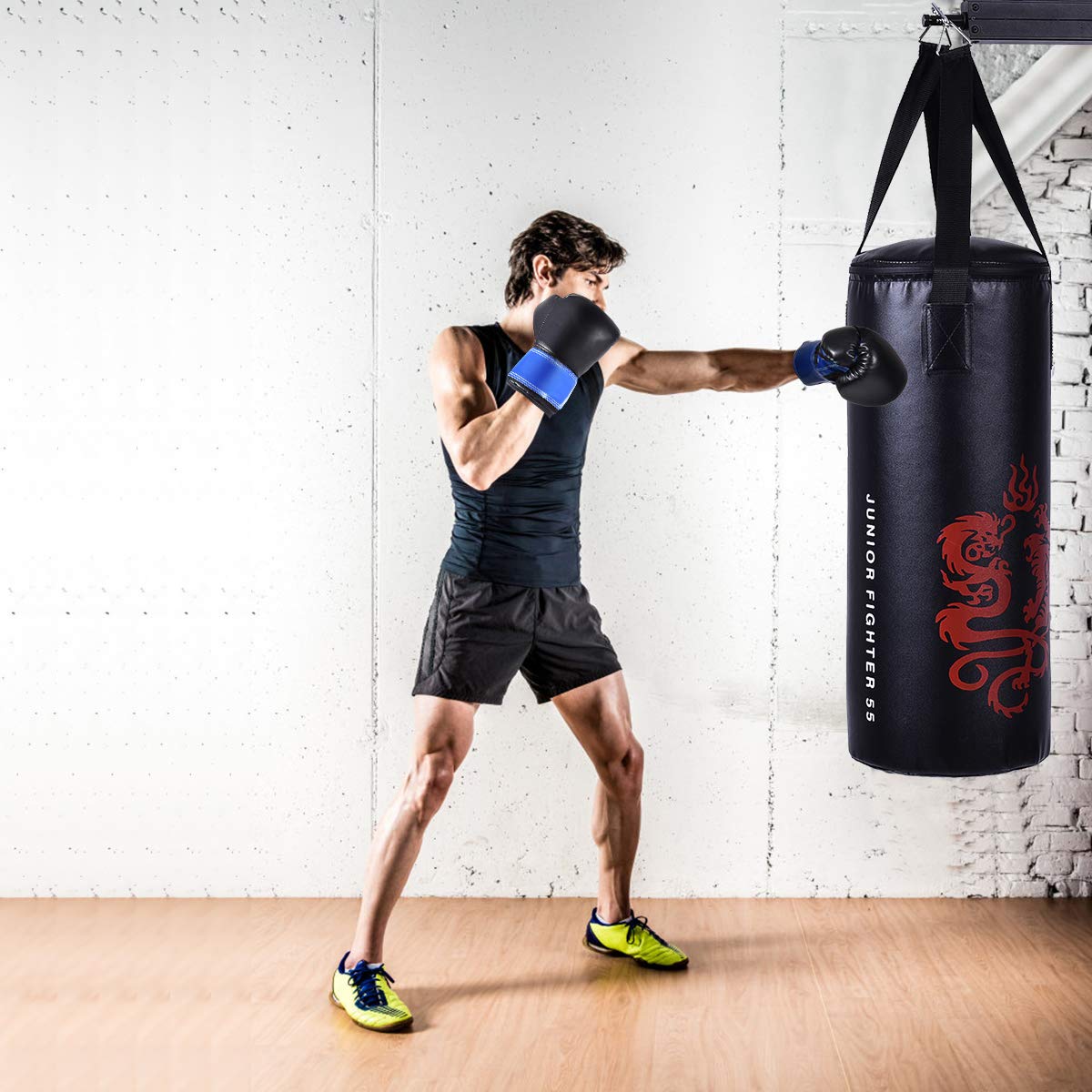 RELAX4LIFE 10 kg Boxsack Set, Boxen Set mit 8 OZ Boxhandschuhe & Springseil & Tragetasche, aufhängender Punchingsack für Kinder, Jugendliche und Erwachsene, Boxing Bag schwarz, inkl. Deckenhalterung