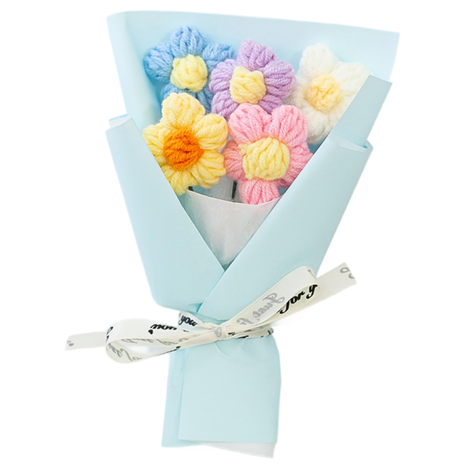 Bouquet au crochet fait main, fleurs tricotées bleu pour arrangement floral de table